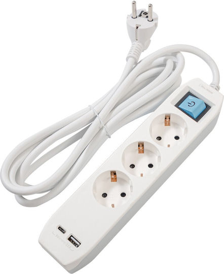 Spacer Bandă de alimentare cu USB-A, 1 USB-C, Comutator și Cablu 4.5m Gri
