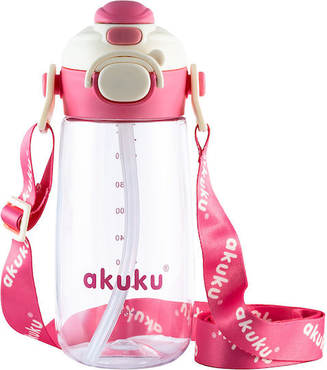 Akuku Sticlă pentru copii din Plastic cu pai Antivărsare Roz 480ml