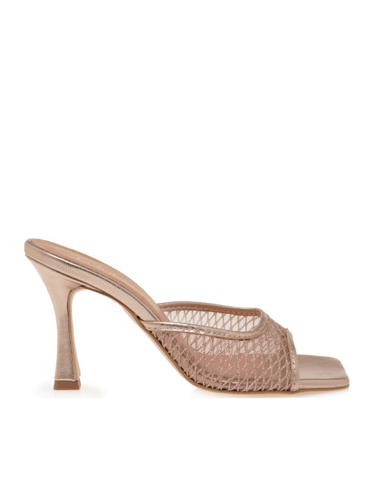 Leather Mules with Heel in Gold Colour