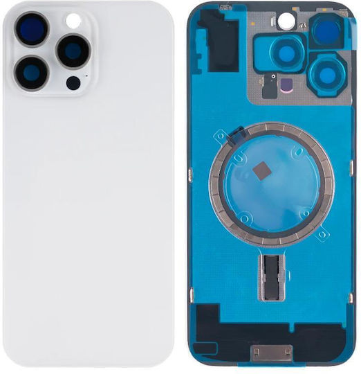 Apple Iphone 16 Pro Max Back Glass Large Hole + Lens + Magsafe White Titanium Oem Logo