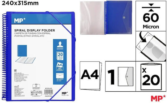 Display Book Mp 20 Sheets Spiral Folder Button A4 Elastic Blue Pc531-03