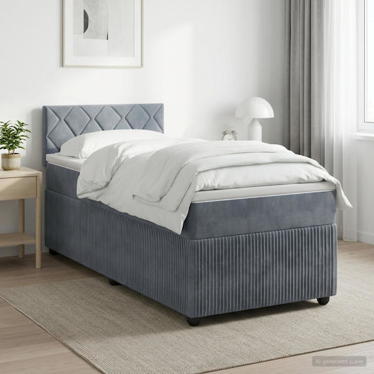 Single Bed Upholstered with Velvet Dark Grey with Slats and Mattress 80x200cm