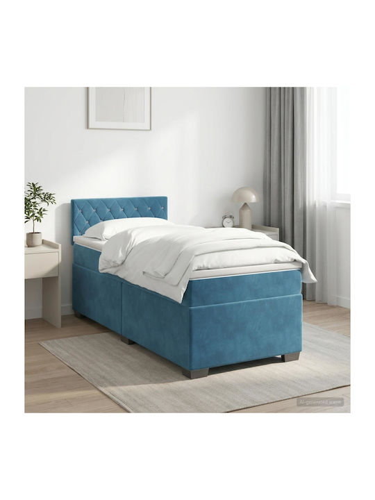 Single Bed Upholstered in Velvet Dark Blue with...