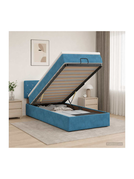 Single Bed Upholstered with Velvet Dark Blue wi...