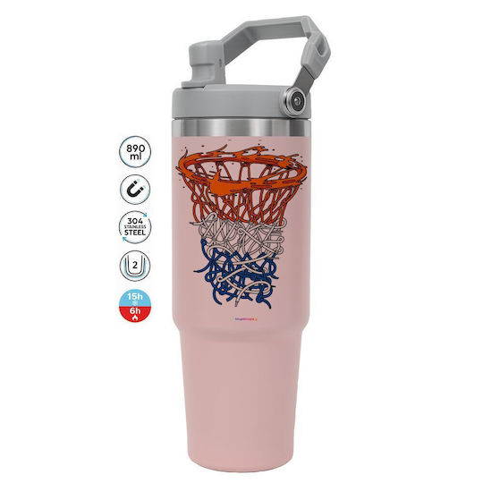 Koupakoupa Stainless Steel Thermos Bottle 890ml Pink with Straw and Handle