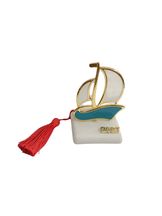 Kalliopi Silver Handgefertigter Neujahrs Glücksbringer Tischplatte Boot Blau aus Stein 2027 6x8cm