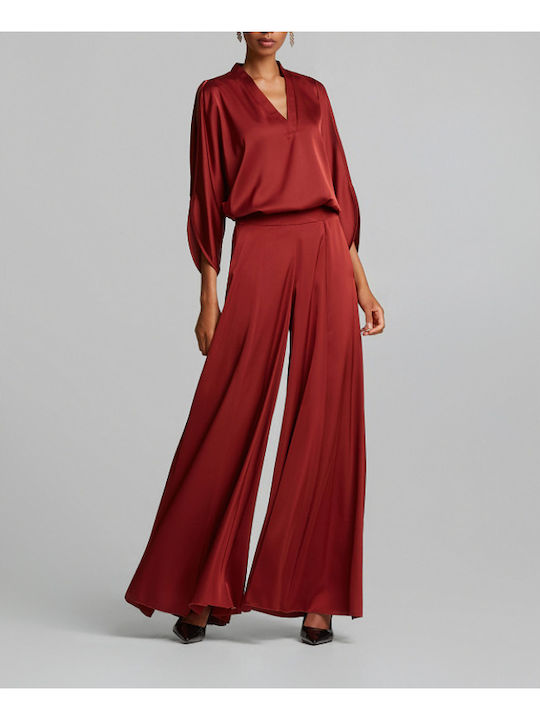 Women's Dark Red Set with High Waisted Trousers
