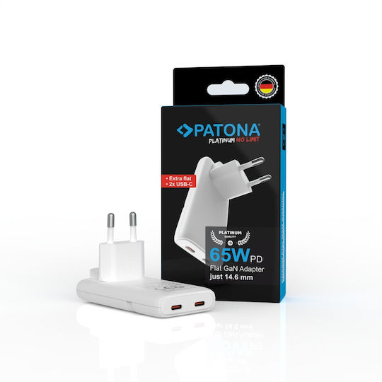 Patona Wireless Charger GaN With 2 USB-C Output Ports 65W Quick Charge 3.0 White Flat