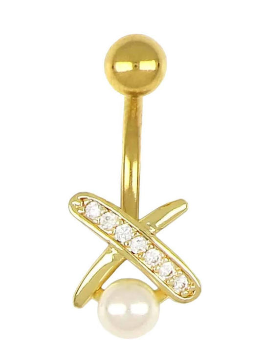 Poco Loco Обеца за Пъпа от Позлатена Стомана 10 x 1.6mm Бяла