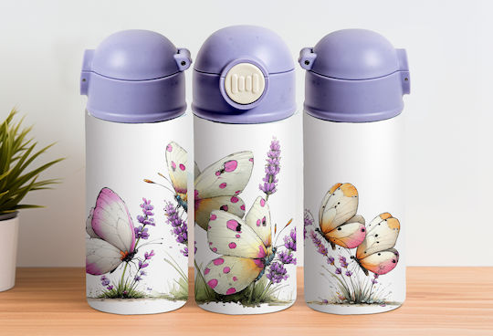 Stainless Steel Cap Kids Water Bottle Butterflies Thermos with Straw Purple 360ml