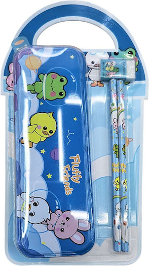 Set Școlar 5 Bucăți Penar Metalic 2 Creioane Radieră și Ascuțitoare Dinozauri 24,5x17cm Justnote 703587