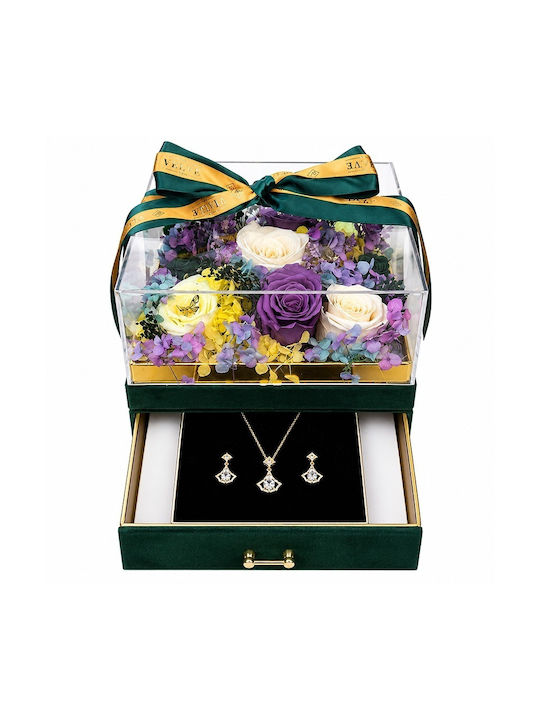Set De Lux Premium 11 Trandafiri Criogenați Set De Bijuterii Cu Zirconiu În Cutie Pătrată Verde Din Catifea Sertar Plexiglas