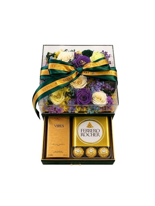 Set Premium De Lux 11 Trandafiri Criogenați Louis Varel Vibes Parfum 100 Ml Praline Ferrero Rocher În Cutie Pătrată Verde Din Catifea Sertar Plexiglas