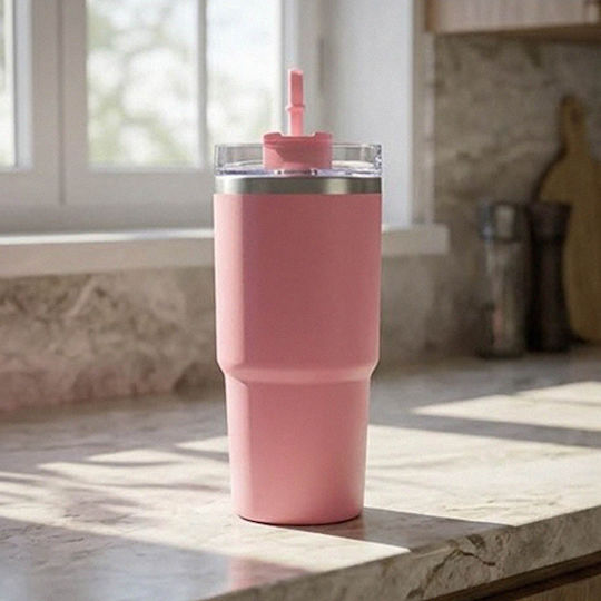 TnS Thermos Bottle Stainless Steel 600ml Pink with Straw