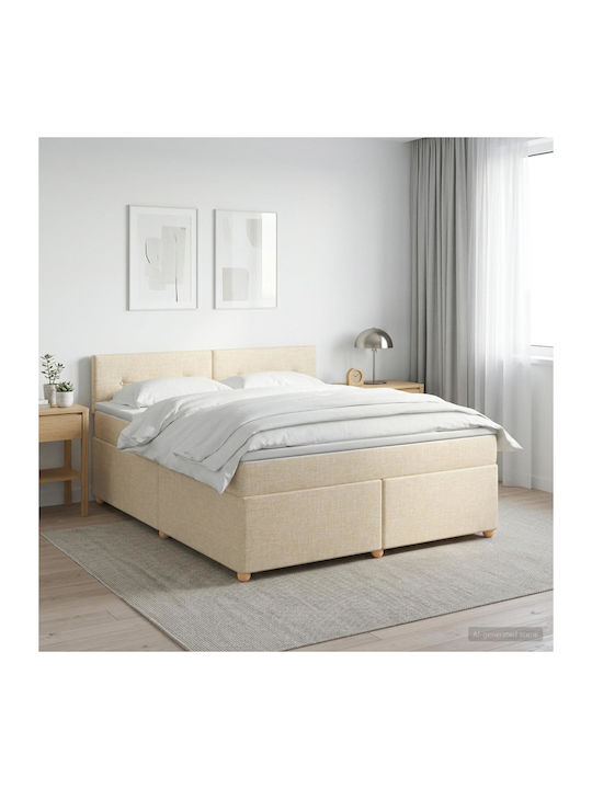 King Size Upholstered Fabric Bed Cream with Sla...
