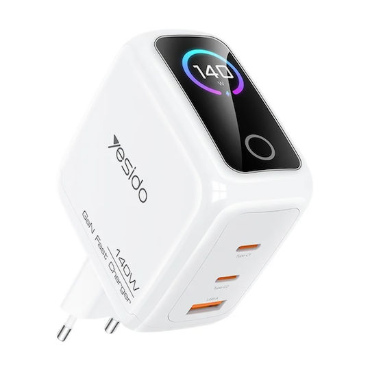 Yesido GaN Wireless Charger with USB-A Port and 2 USB-C Ports 140W White (YC114)