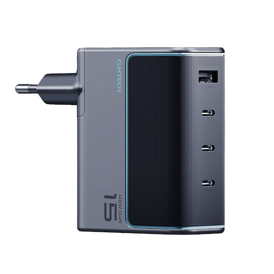 Cuktech Φορτιστής Χωρίς Καλώδιο GaN με Θύρα USB-A και 3 Θύρες USB-C 140W Power Delivery Γκρι (AD1404UEU)