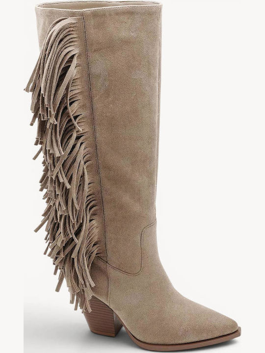 Beige Western Boots with Fringes Low Heel