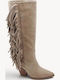Beige Western Boots with Fringes Low Heel