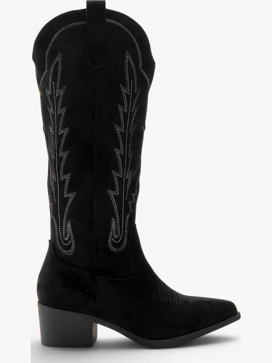 Black Western Suede Boots Decorative Stitching