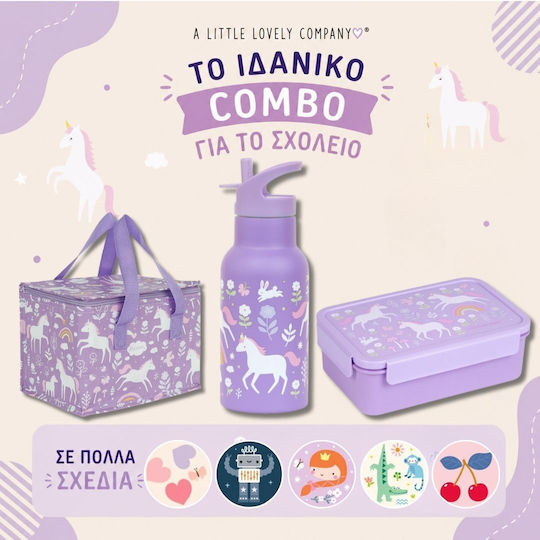 A Little Lovely Company Bento Stainless Steel Kids Water Bottle Unicorns Thermos with Straw Silver 350ml