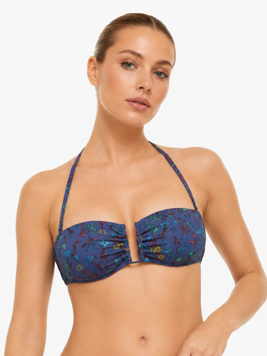 Top de bikini fără bretele floral bleumarin