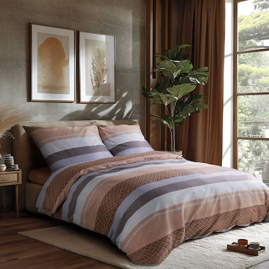 Darymex Σετ Παπλωματοθήκη 200x220cm Διπλή με 2 Μαξιλαροθήκες Πορτοκαλί Καφέ Ρίγες
