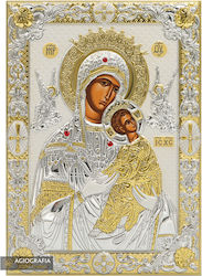 Virgin Mary Immaculate Silver-Plated Silk Screen Icon Wood 13.5 X 17.5 Cm 5.3 X 6.9 In