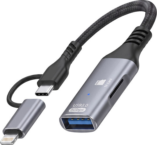 Linq Адаптер USB-C Lightning към USB 3.0 5Gbps Четец за Micro SD Сив