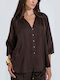 Women's Satin Long Sleeve Blouse with V-Neck Brown