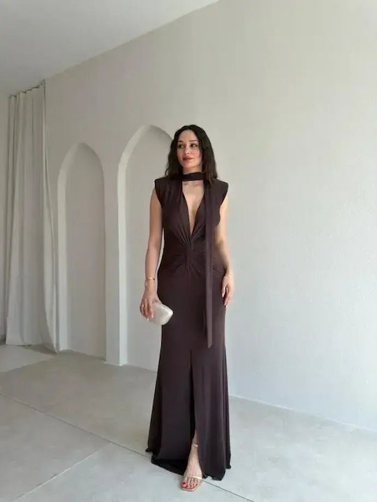 Summer Maxi Evening Shirt Dress Satin Open Back Brown