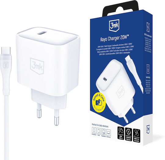 3MK USB-C Charger with USB-C Cable - USB-C 20W Power Delivery White (Rayo)