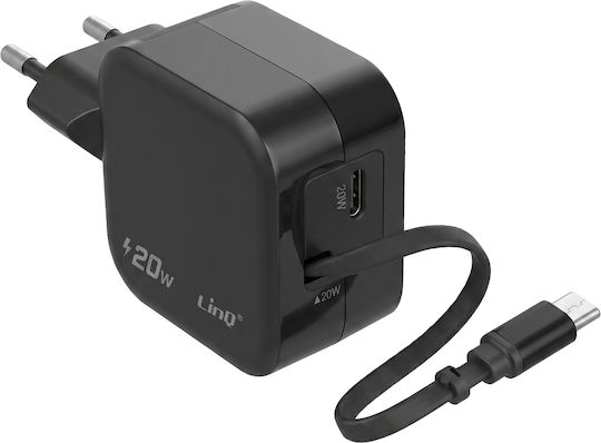Linq Pocket Ladegerät Usb-c 20w Ausziehbares Kabel Usb-c Port Schwarz