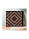 Painting Blocks Arranged In Barn Raising Pattern Block Centers Red Wool Strips In Variety Solid Colors Prints Blue Edge Binding Back Is Black White Small Floral Print On Grey Ground 110x110