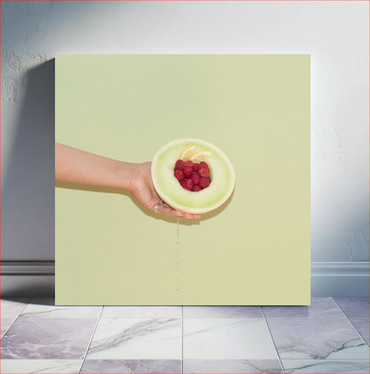 Πίνακας Hand Holding Melon Raspberries Χέρι Κρατά Πεπόνι Σμέουρα 110x110