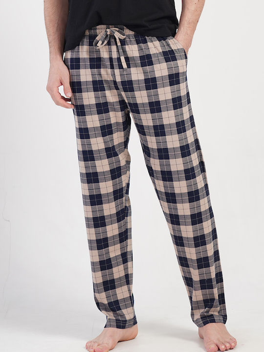 Vienetta Secret Plus Size Summer Checked Men's Pyjama Pants Beige