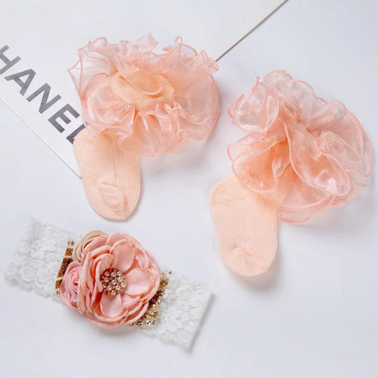 Set Hair Band Pearls & Frilly Socks Salmon