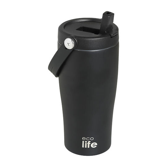 Ecolife Ecolife Thermosflasche Rostfreier Stahl Kunststoff Aluminium BPA-frei 600ml Schwarz Mit Handgriff Und Stroh