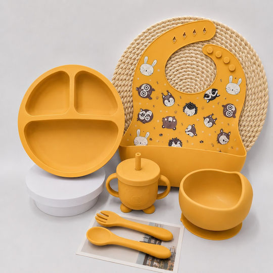 Silicone Feeding Set with Anti-Slip Base Yellow 6 Pieces Children's Dinner Set Yellow Animals 001