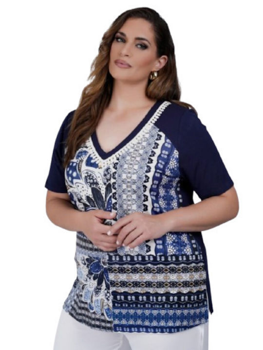 Damen Bluse Kurzärmelig mit V-Ausschnitt Blau