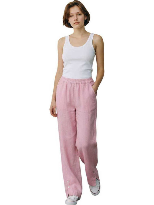 Damen Leinenhose mit Gummiband in Lose Passform Rosa