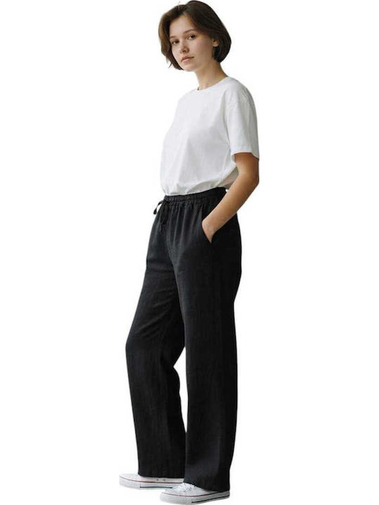 Damen Leinen Pantaloona mit Gummiband Schwarze