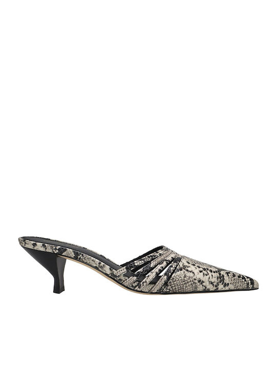 Leather Mules with Chunky Low Heel in Beige Colour