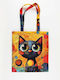 Inspiral Tree Tote Τσάντα Ώμου Υφασμάτινη Πολύχρωμη Γάτα