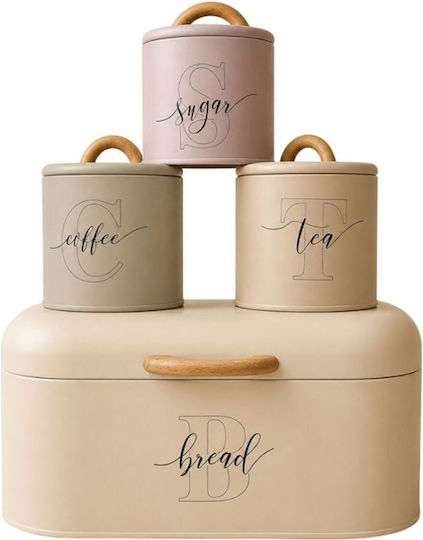 Set of 4 Cream Metallic Bread Box 3 Boxes Tea Coffee Sugar 32x15x16cm Φ11x13cm Set of 4 Cream Metallic Bread Box 3 Boxes Tea Coffee Sugar 32x15x16cm Φ11x13cm