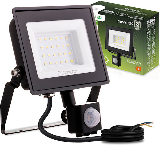 LED Прожектор Zuna2 30W 2700Lm 4000K IP44 Черен Сензор за Движение Lumiled