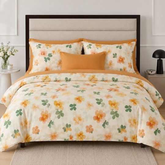 Pucioasa Set Huse Pentru Pilote 200x220cm Duble Cu 2 Fețe De Pernă & 1 Cearșaf Orange Flowers