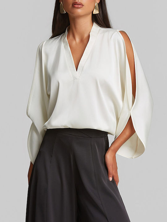 Women's Satin Blouse with V-Neck Ecru