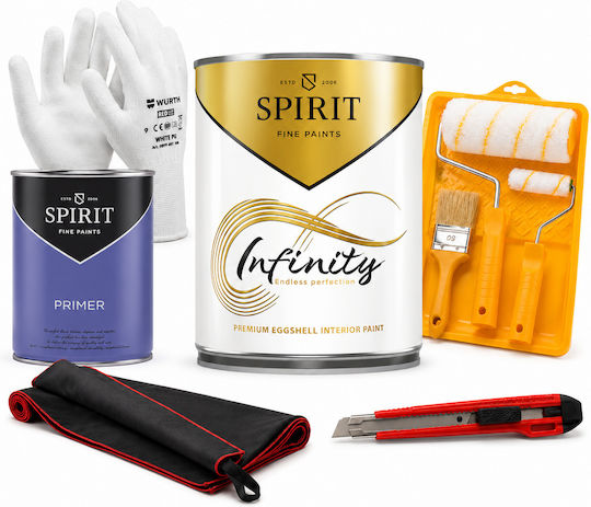 Комплект За Боядисване До 45 М² Покривна Повърхност Spirit Infinity Finish 45 Стайна Бяла Боя С Яйчен Финал Праймер Аксесоари