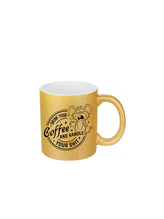 White Ceramic Mug 330ml Glitter Gold Drink Your...